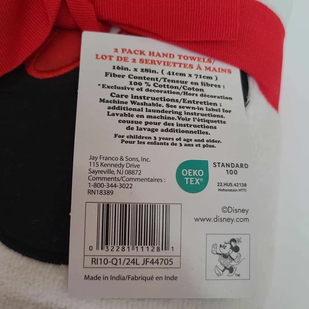 Disney Minnie Mouse hand towels pack of 2 white black red 100% cotton NWT
